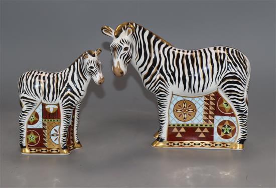 Two Royal Crown Derby paperweights of a zebra and a zebra calf